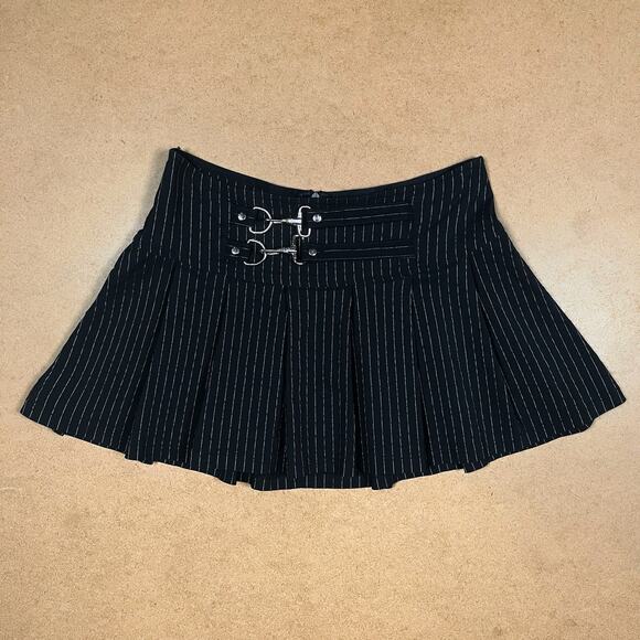 Vintage Lip Service Gangsta Pranksta Pinstripe Black Mini Skirt Medium Y2K Goth - Picture 3 of 15